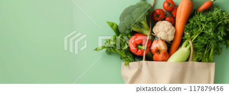 Organic local vegetables in reusable tote bag on light green background 117879456