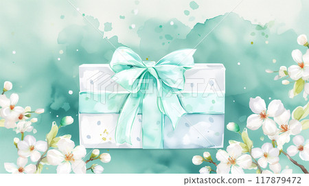 Spring gift box with white flowers and pastel ribbon, illustration 117879472