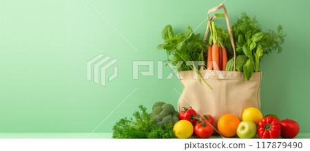 Organic local vegetables in reusable tote bag on light green background 117879490
