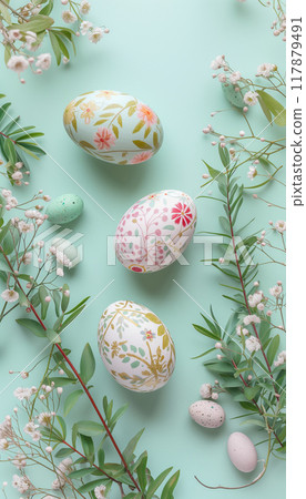 Springtime elegance: floral-patterned easter eggs on pastel background 117879491