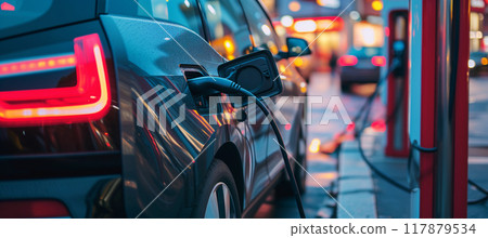 Ev charging station with plugged cable in urban infrastructure with copy space 117879534