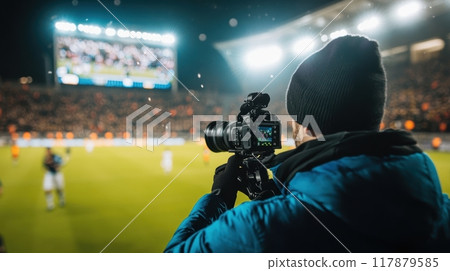 Sports cameraman capturing the action on the pitch, with vibrant lights of stadium illuminating players and the roaring crowd. 117879585