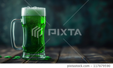 St. Patricks day green beer pint over dark background for pub party celebration 117879590