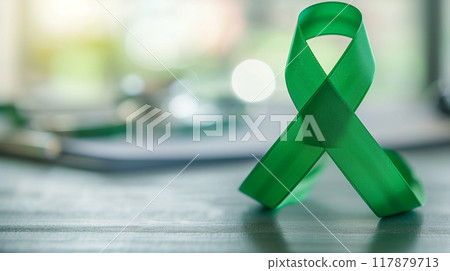 Green ribbon symbol for world bipolar day on blurred background 117879713