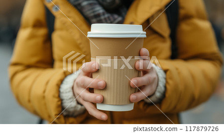 Close-up of female student holding an empty coffee-to-go paper cup 117879726