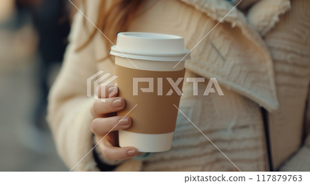 Close-up of female student holding an empty coffee-to-go paper cup 117879763