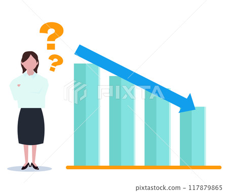 一位女商人對銷售額下降表示懷疑。銷售低迷。收入減少。向量圖 117879865