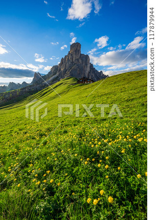 The Giau Pass at sunset, Belluno, Dolomites, South Tyrol, Italy 117879944