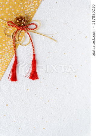 Background of white and gold fir Japanese paper and New Year decorations Background of white and gold fir Japanese paper and New Year decorations 117880210
