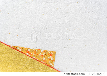 Japanese style background of white and gold fir washi paper and cherry blossom pattern chiyogami 117880213