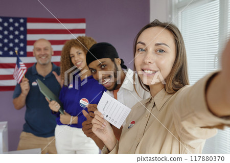 Woman Making Selfie Portrait At Election Day 117880370