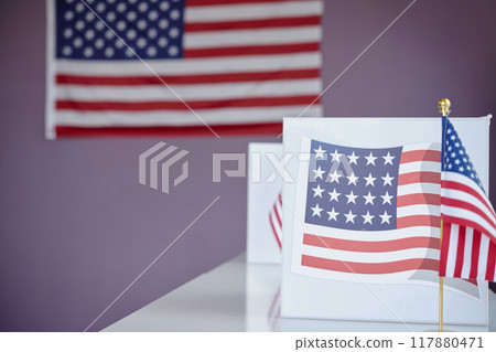 American Flag And Banner In Voting Place American Flag And Banner In Voting Place 117880471