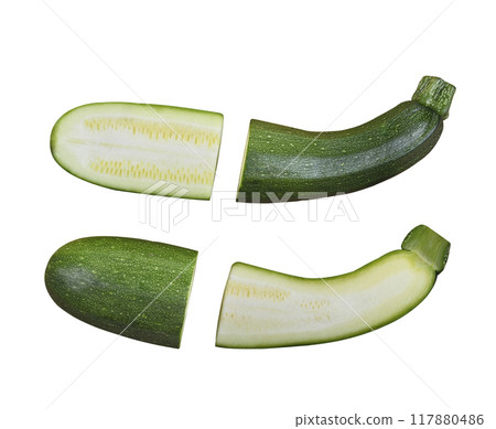 top view fresh green zucchini with slice isolated on white background. 117880486