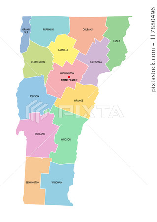 Vermont, U.S. state, subdivided into 14 counties, multi colored political map with capital Montpelier, borders and county names. State in the New England region of United States. Green Mountain State. 117880496