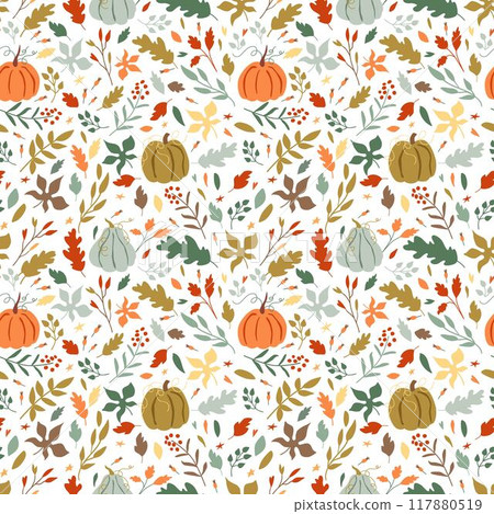 Small fall floral pumpkins, flowers, leaves seamless pattern. Autumn vector cottagecore print. Cute October harvest. 117880519
