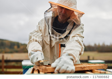 Cropped shot of middle aged male beekeeper in protective bee suit against grey autumn sky working with hive frame during honey harvesting at apiary farm, copy space 117880882