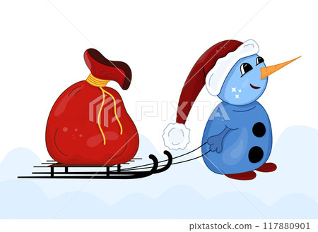 Snowman in red hat pulling sleigh through the snow with bag of gifts for New Year and Christmas. Flat vector illustration of gift bag, sled, snowman. Snowman in red hat pulling sleigh through the snow with bag of gifts for New Year and Christmas. Flat vector illustration of gift bag, sled, snowman. 117880901