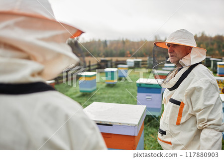 Side view of mature male beekeeper in protective bee suit talking to fellow farmer while standing in meadow with colorful hives during autumn season at apiary farm, copy space Side view of mature male beekeeper in protective bee suit talking to fellow farmer while standing in meadow with colorful hives during autumn season at apiary farm, copy space 117880903