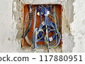 Close-Up of Exposed Electrical Wiring in Renovation Wall 117880951