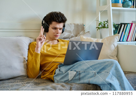 Young male college student in headphones sitting on couch, talking in web camera of laptop 117880955