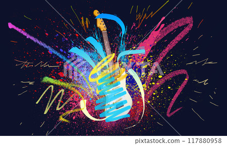 Creative rainbow musical design. Decoration element with white guitar silhouette and rainbow paint splashes 117880958