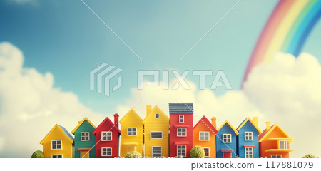 Rainbow Houses on Gradient Sky Background Rainbow Houses on Gradient Sky Background 117881079