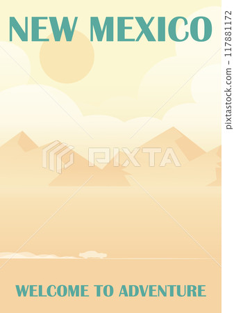 Retro style travel poster, United States, New Mexico. Desert Highway and a passing car illustration Retro style travel poster, United States, New Mexico. Desert Highway and a passing car illustration 117881172