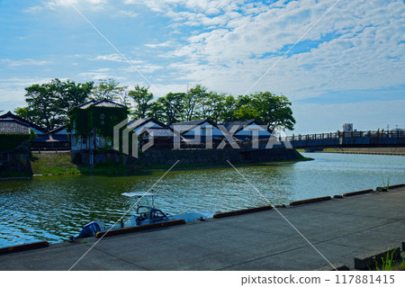 Sankyo Bridge over the Arata River and the blue sky at Sankyo Warehouse 117881415
