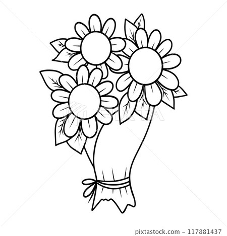 Outline bouquet with chamomile flowers and leaves. Line drawing, coloring book. Vector illustration. Kids collection. Outline bouquet with chamomile flowers and leaves. Line drawing, coloring book. Vector illustration. Kids collection. 117881437