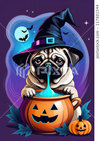 Adorable puppy pug dog witch brewing a magical potion for Halloween. 117881544