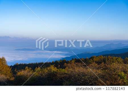 [Sea of clouds] Sea of clouds in the direction of the Northern Alps as seen from Takabocchi Plateau in autumn [Nagano Prefecture] 117882143