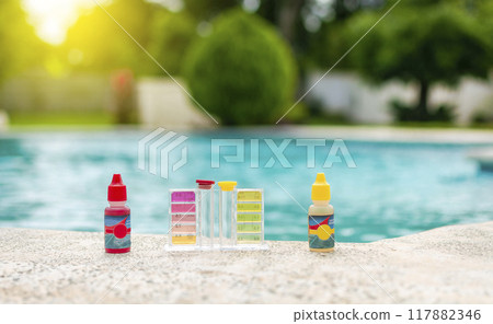 Water testing kit for swimming pools. Kit to test pool water, Chlorine and ph analyzer kit for pools, pH and chlorine tester for pool water, Oto and phenol Kit for pool Water testing kit for swimming pools. Kit to test pool water, Chlorine and ph analyzer kit for pools, pH and chlorine tester for pool water, Oto and phenol Kit for pool 117882346