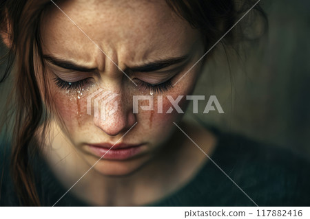 Young woman with tear streaked cheeks. Deep sadness, emotional pain Young woman with tear streaked cheeks. Deep sadness, emotional pain 117882416