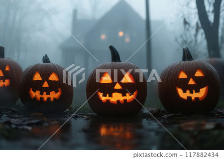 Glowing jack o lanterns on a foggy night in front of a dimly house 117882434