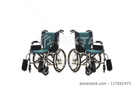 two black and green wheel chairs on white background, object, comfortable, travel, technology, seat, hospital, new, copy space 117882473