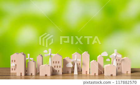 The wood building and Wind turbine for property concept 3d rendering. The wood building and Wind turbine for property concept 3d rendering. 117882570