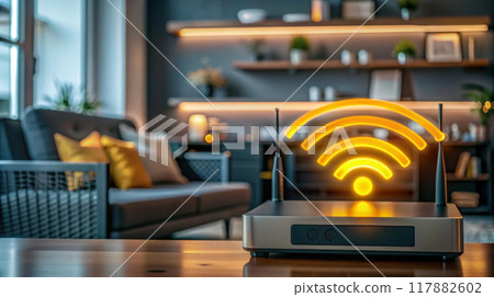 Wi-Fi concept modern smart home interior with modern Wi-Fi router as the focal point. Wi-Fi concept modern smart home interior with modern Wi-Fi router as the focal point. 117882602