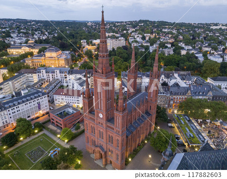 Aerial Drone Shot of Cathedral at Marktkirche in Wiesbaden, Germany. Old town and the city center at Evening Twilight. 117882603