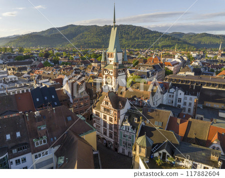 Freiburg im Breisgau, Germany at Sunrise. Aerial Drone Shot on Freiburger Dom Cathedral. 4k Drohne Footage 117882604