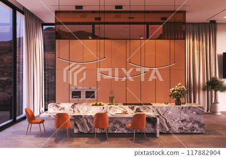 Stunningly elegant modern kitchen featuring chic design elements perfect for contemporary spaces, 3d rendering Stunningly elegant modern kitchen featuring chic design elements perfect for contemporary spaces, 3d rendering 117882904