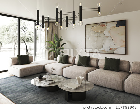 Modern living room featuring an elegant design filled with abundant natural light, 3d rendering 117882905