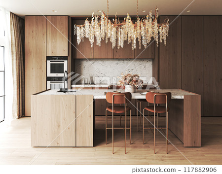 Stylish modern kitchen featuring elegant lighting and chic barstools for a perfect atmosphere, 3d rendering 117882906
