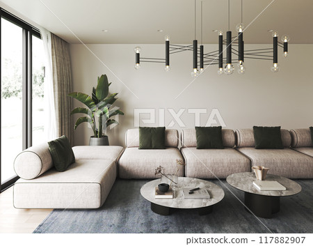 Modern living room featuring a cozy sofa combined with elegant and stylish lighting solutions, 3d rendering 117882907