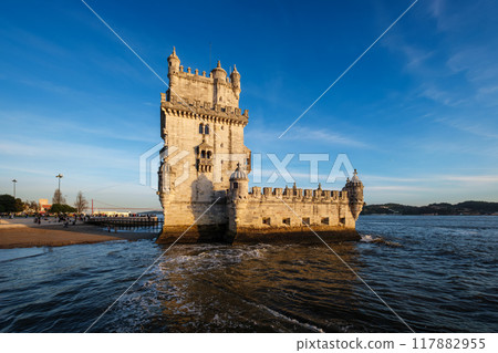 Belem Tower on the bank of the Tagus River on sunset. Lisbon, Portugal 117882955