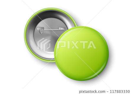 Vector 3d Realistic Green Blank Round Button Badge Closeup, Isolated. ID Badge Design Template, Mockup. Design Template for Access Pass, Identification, Events. Front, Back Side View 117883330