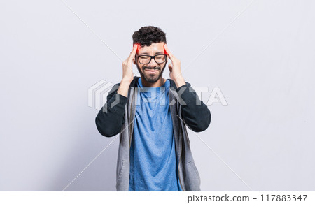 People rubbing his head on isolated background, Concept of a person with a headache, guy giving himself a head massage, concept of a man with a migraine 117883347