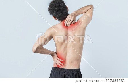 Neck and back pain concept, man with neck and back muscle pain, Close up of man with neck and back pain, a man with muscle pain on isolated background. Neck and back pain concept, man with neck and back muscle pain, Close up of man with neck and back pain, a man with muscle pain on isolated background. 117883381