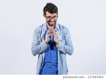 Cunning man rubbing his hands on isolated background, person rubbing his hands planning something, concept of cunning man planning something Cunning man rubbing his hands on isolated background, person rubbing his hands planning something, concept of cunning man planning something 117883403