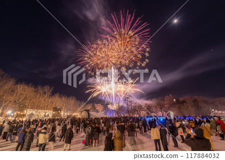 Hokkaido winter fireworks festival and spectators watching the fireworks 117884032