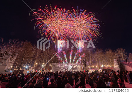 Hokkaido winter fireworks festival and spectators watching the fireworks 117884033